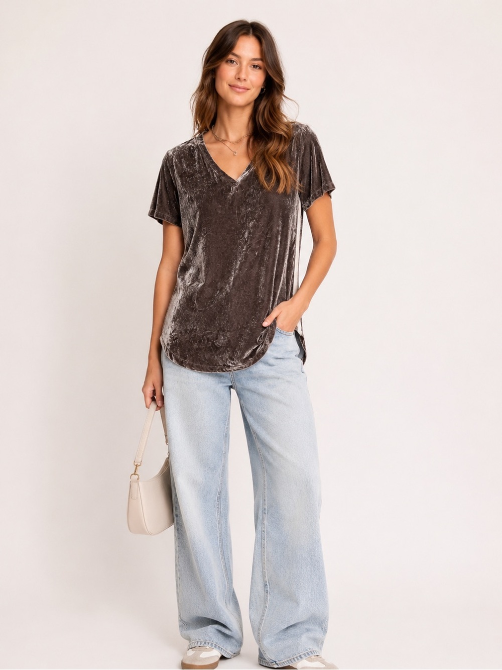 Bella Dahl Silk Blend Velvet V-Neck Side Stripe Top Size Medium